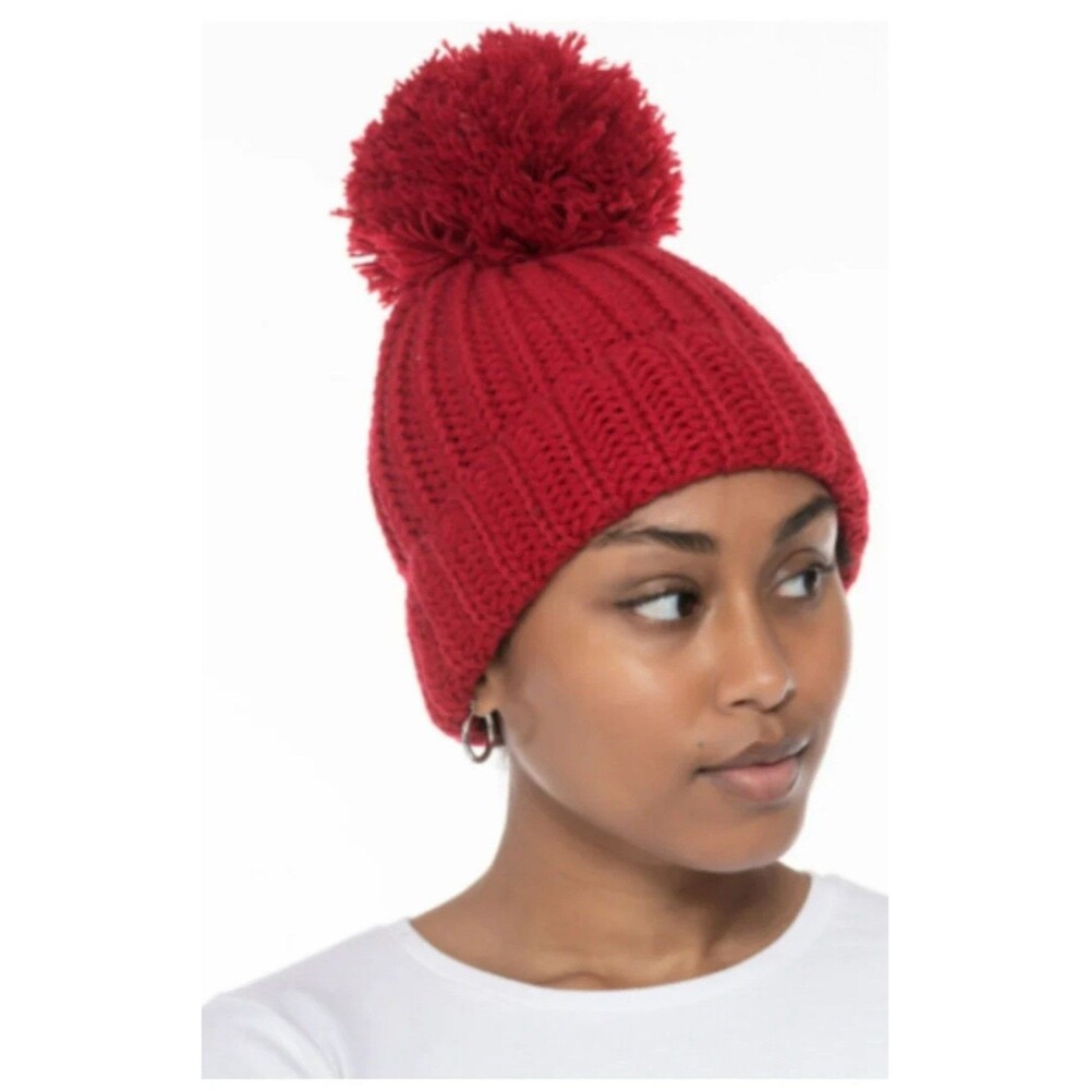 JENNI Womens Red Fitted Foldover Brim Oversized Pom Pom Ribbed Beanie Hat Cap